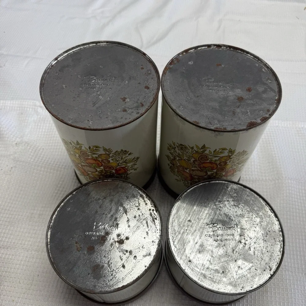 Vintage Ballonoff Tin Canister Set Lids Vegetables MCM Brown Retro 70s Kitchen